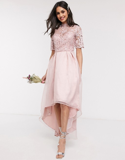 Chi Chi Bridesmaid Lisbeth lace detail midi dress in rose gold