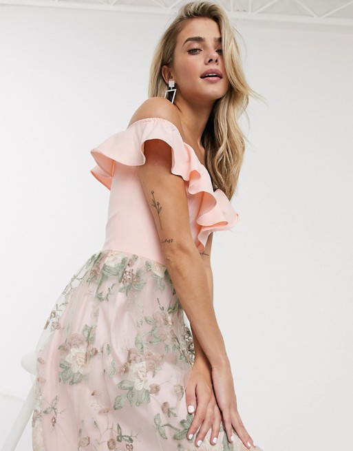 Chi Chi Kenna midi dress with embroided skitrt in pink