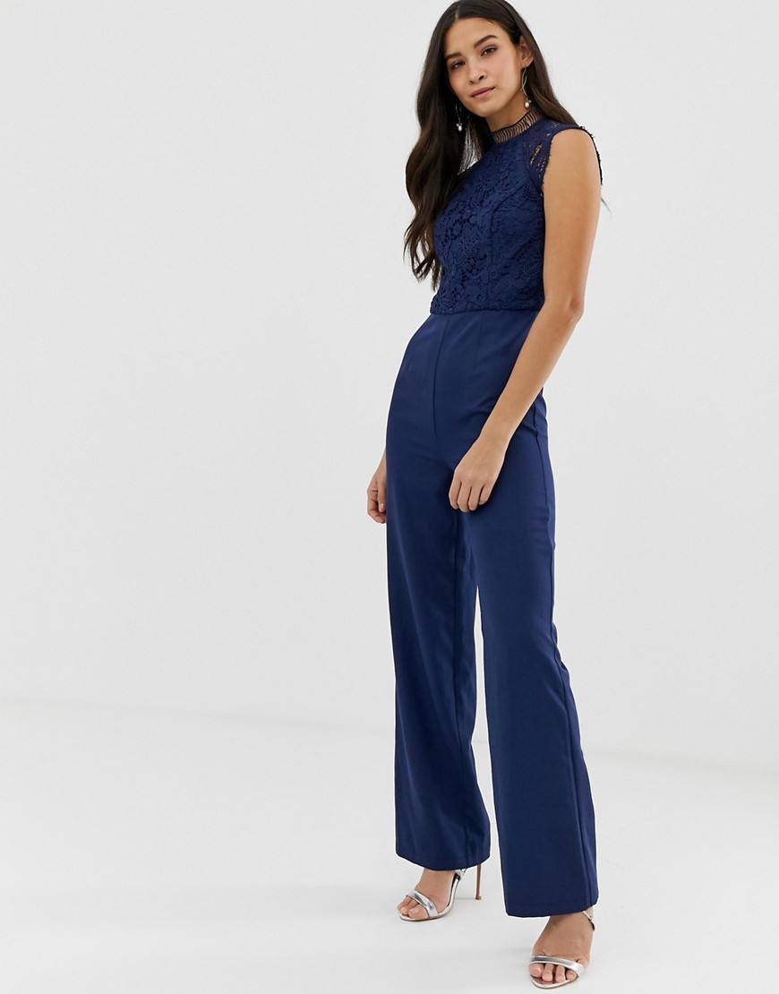Chi Chi London 2 in 1 high neck lace jumpsuit in navy