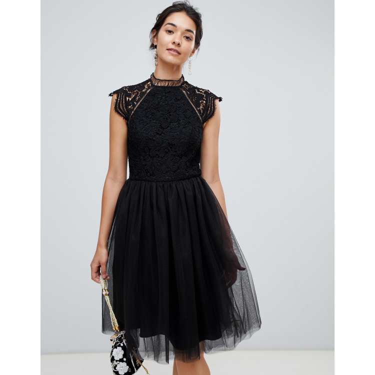 Chi Chi London 2 in 1 lace dress with tulle skirt in black | ASOS