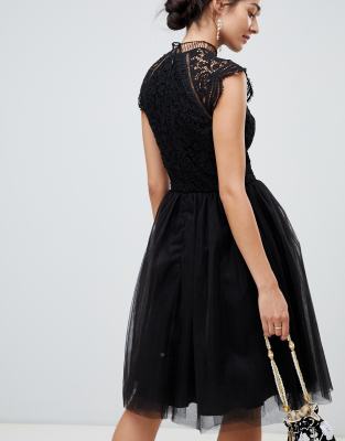 chi chi london 2 in 1 lace dress with tulle skirt in black