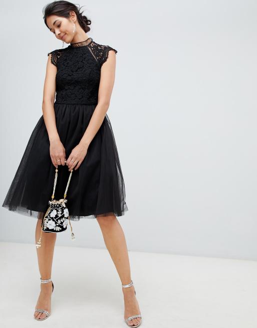 Chi chi london 2 in 1 lace dress with cheap tulle skirt in black