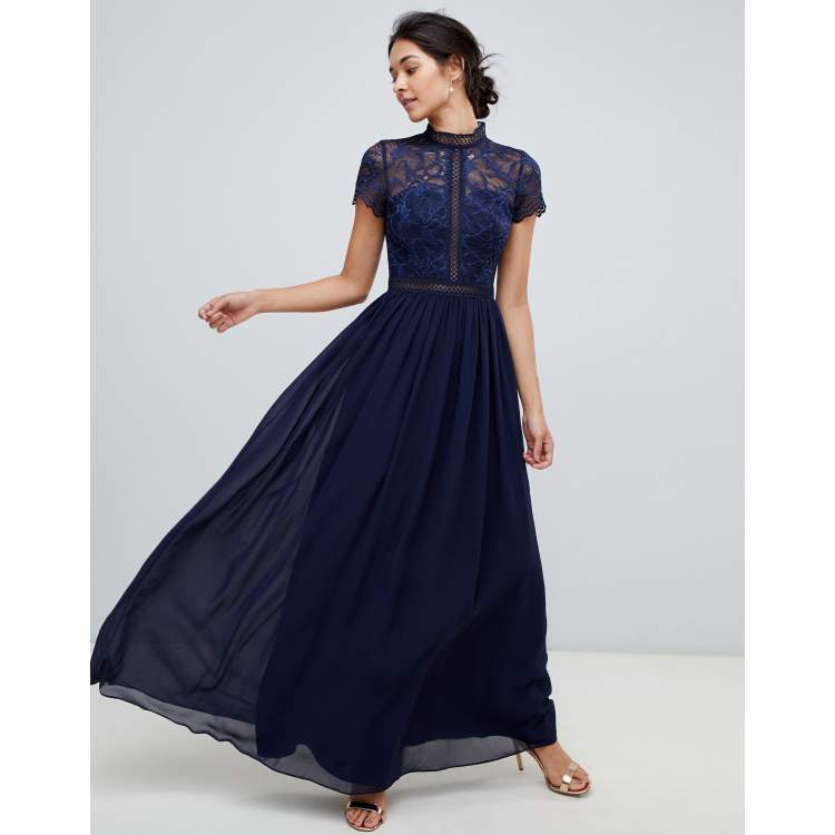 Chi Chi London 2 in 1 lace top maxi dress in navy