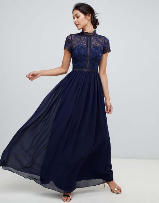 Chi Chi London 2 in 1 lace top maxi dress in navy | ASOS