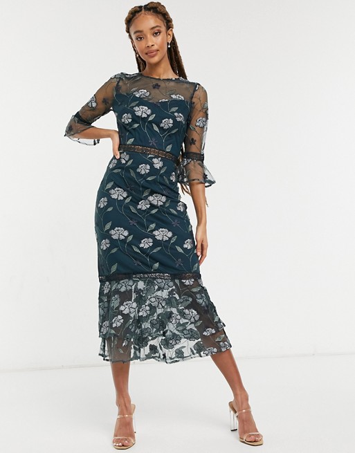 Chi Chi London Aislinn embroidered midi dress withfrill sleeves in forest green
