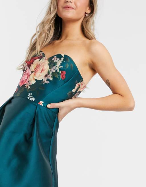 Chi Chi London bandeau hi lo hem dress in teal floral