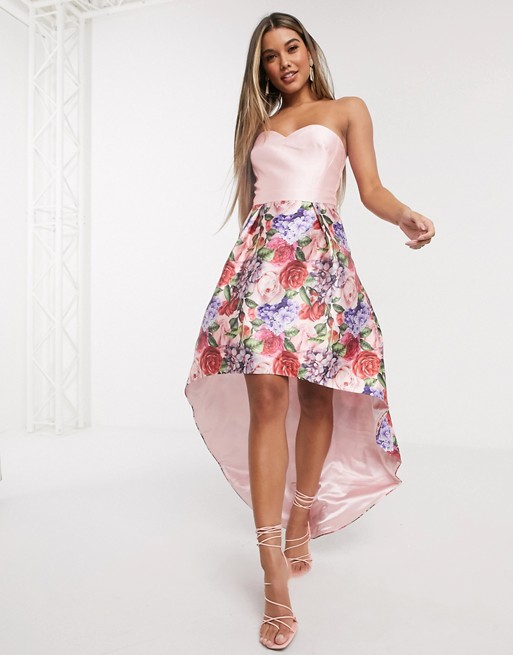 Chi Chi London bandeau prom dress with high low hem in mink floral