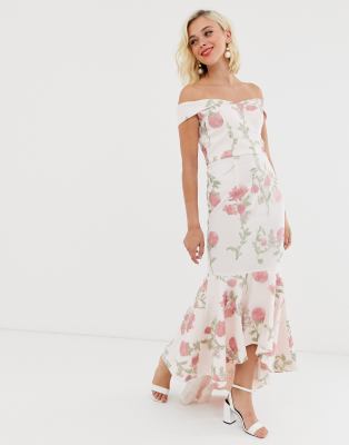 Chi Chi London bardot fishtail maxi dress in floral embroidery-Multi