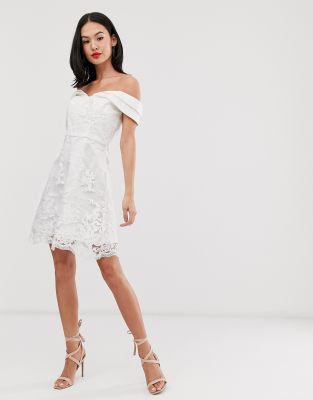 Chi Chi London bardot jacquard lace mini dress in white