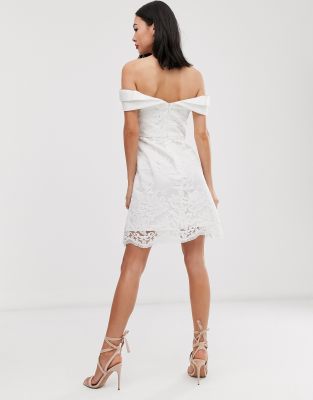 bardot lace mini dress