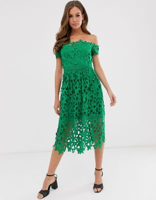 green lace bardot dress