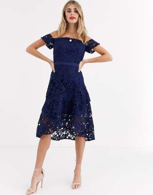 Navy lace hot sale bardot dress