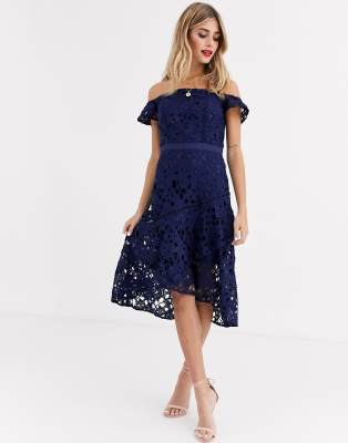 bardot lace mini dress