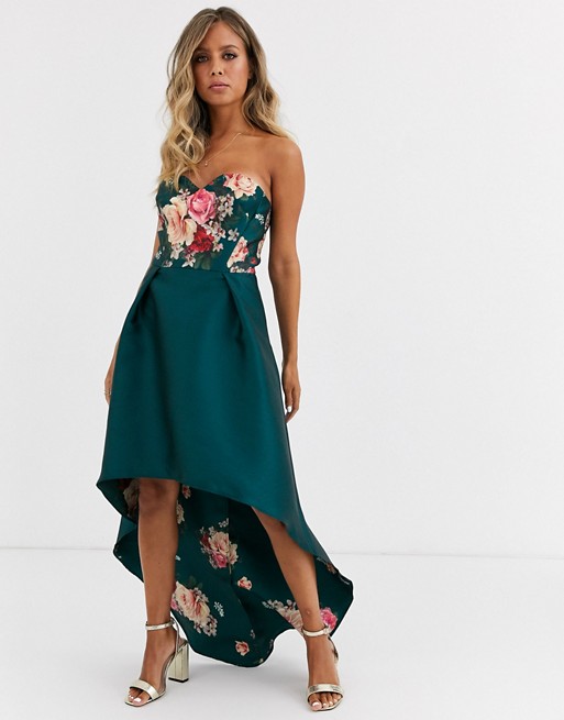 Chi Chi London bandeau prom dress with high low hem in green floral