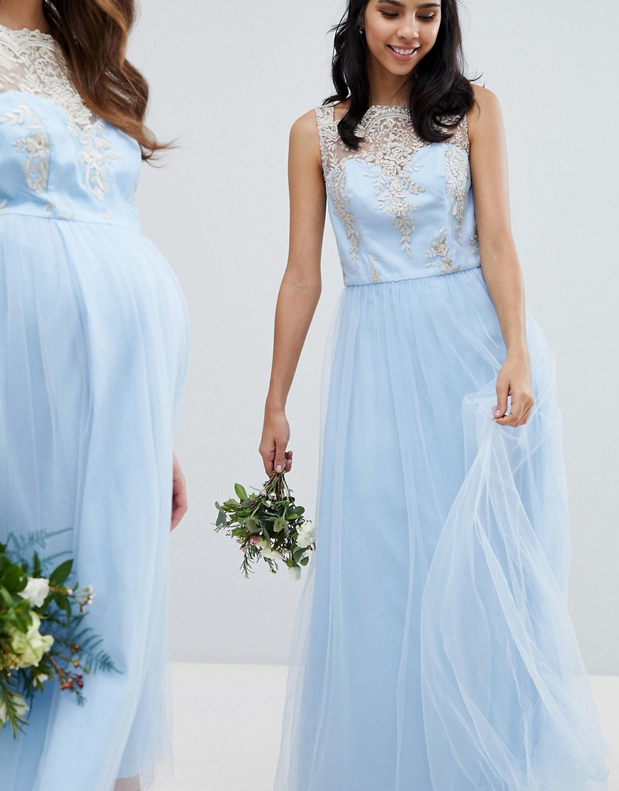 Chi Chi London Bardot Neck Sleeveless Maxi Dress with Premium Lace and Tulle Skirt-Blue