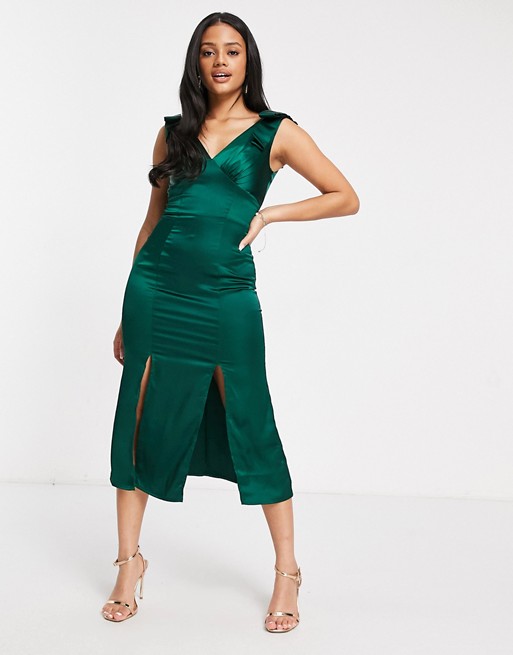 Chi Chi London bow shoulder satin midi dress with split in forest green