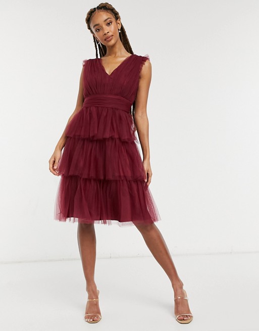 Chi Chi London Broghan tiered tulle midi dress with frill shoulder in burgundy