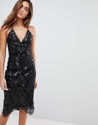 Chi Chi London Cami Midi Pencil Dress With Lace Up FrontBlack Chi