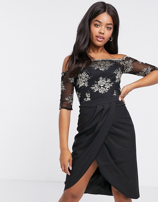 Chi Chi London contrast lace wrap skirt dress in black