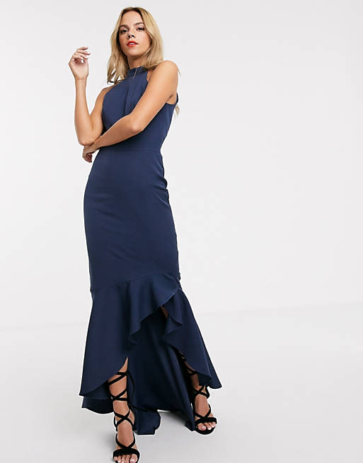 Chi Chi London fitted midi dress with high low hem and bow back in navy