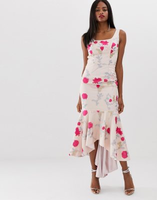 chi chi london tall bardot neck prom dress with high low hem in navy floral