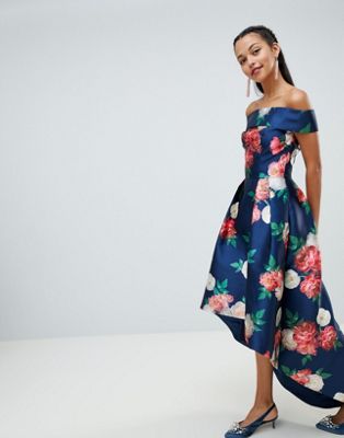chi chi london tall bardot neck prom dress with high low hem in navy floral
