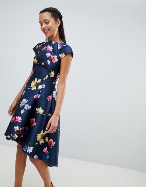 Chi Chi London floral printed skater dress with cap sleeve