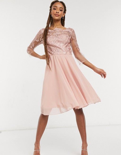 Chi Chi London Genisis lace top skater midi dress in rose gold