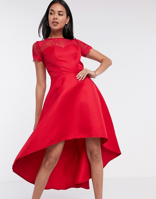 Chi Chi London high low dress with lace detail in red