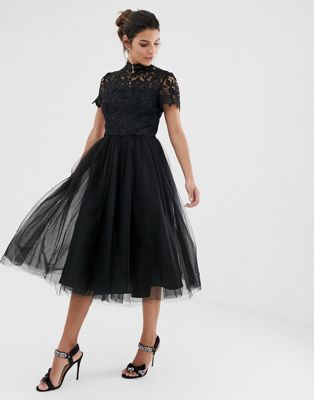 Chi Chi London high neck lace midi dress with tulle skirt in black | ASOS