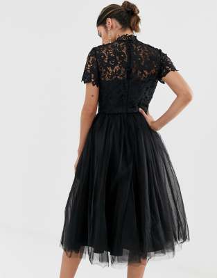 chi chi london 2 in 1 lace dress with tulle skirt in black