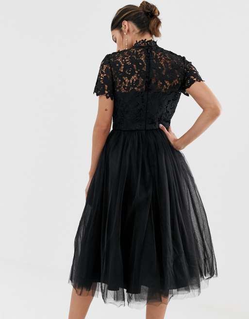 Chi Chi London high neck lace midi dress with tulle skirt in black