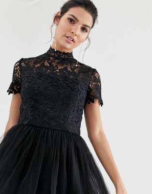 Chi chi london high neck lace store midi dress with tulle skirt in black