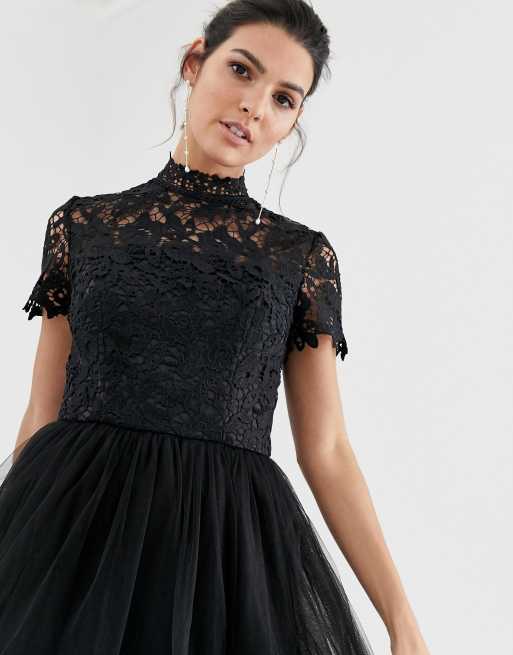 Chi Chi London high neck lace midi dress with tulle skirt in black