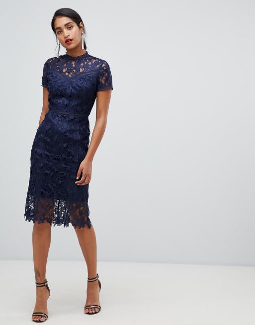 Sale alerts for Chi Chi London high neck lace pencil dress in navy Covvet