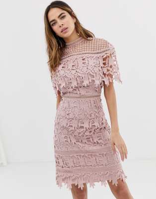 Chi Chi London high neck lace pencil midi dress in blush pink