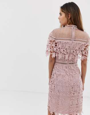 chi chi london plus high neck all over lace pencil dress in blush pink