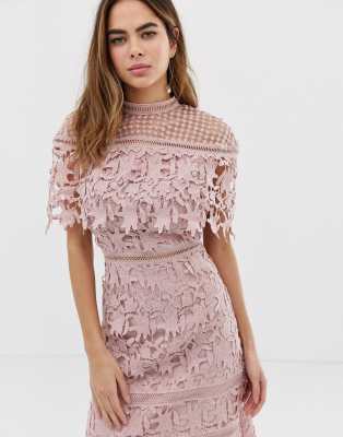 chi chi london plus high neck all over lace pencil dress in blush pink