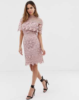 chi chi london plus high neck all over lace pencil dress in blush pink