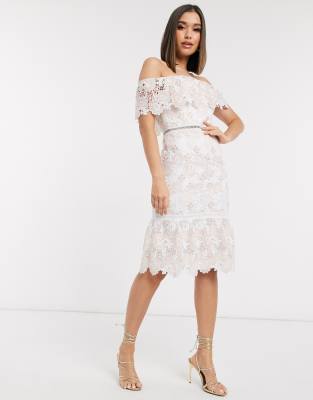 chi chi london tall bardot lace midi dress in blush pink