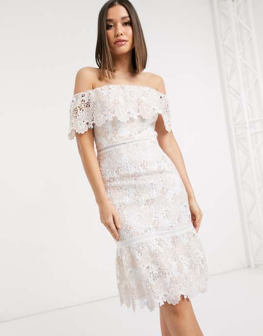 Chi chi london tall bardot lace outlet midi dress in blush pink