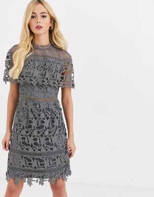 Chi Chi London high neck lace pencil midi dress in charcoal-Grey