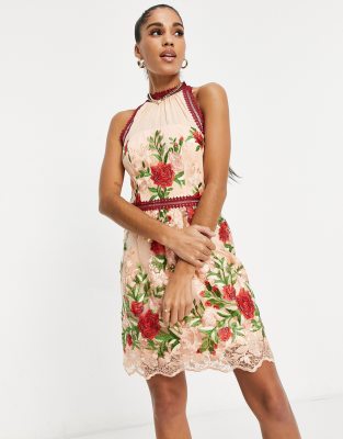 Chi Chi London high neck mini dress in rose applique-Multi