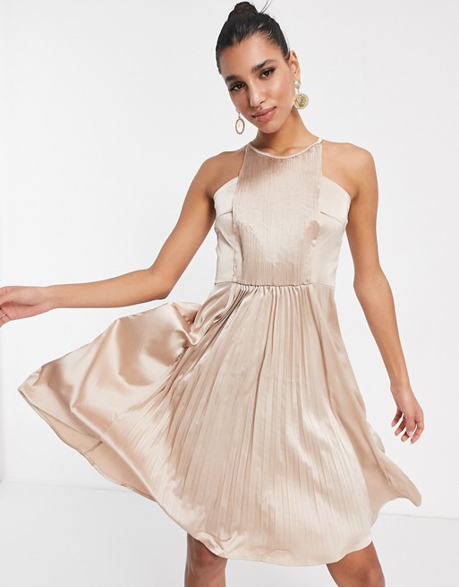 Chi Chi London high neck pleated midi dress in rose gold