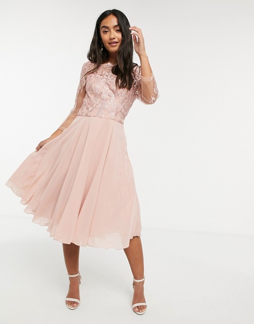 Chi Chi London lace 3/4 sleeve midi dress in pink