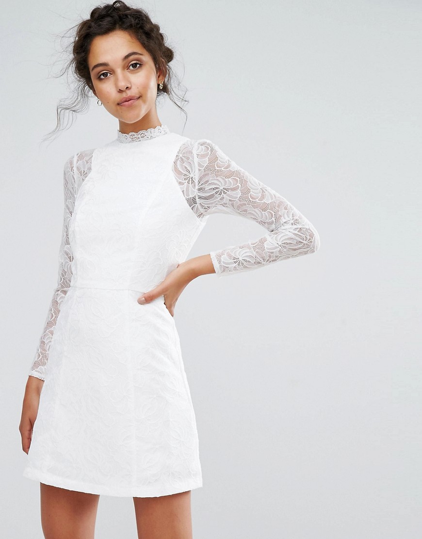 Chi Chi London Lace A Line Mini Dress with Long Sleeves-White