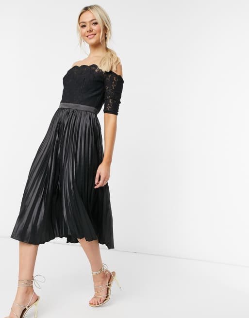 Chi Chi London lace bardot midi dress in black | ASOS