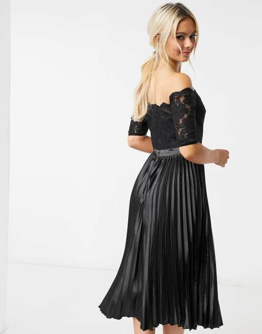 Chi chi london lace top midi 2025 dress with pleated skirt in black