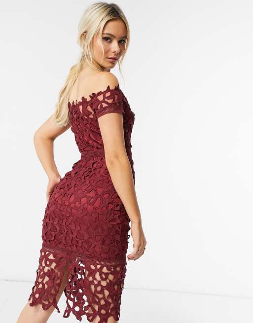 Chi Chi London lace bardot pencil dress in burgundy