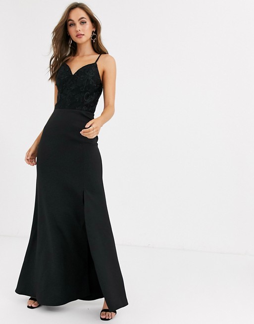 Chi Chi London lace detail maxi dress with fishtail skirt in black